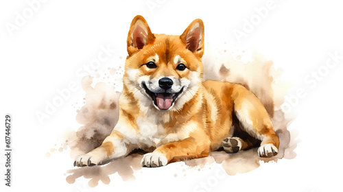 Watercolor painting of Shiba dog isolated on white background. Digital illustration generative AI. © Tepsarit