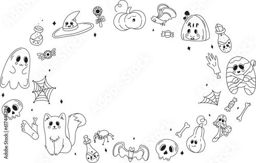 Collection of halloween silhouettes icon and character, set of elements for halloween, doodles set halloween, mystical set, trick or treat, line art illustrations