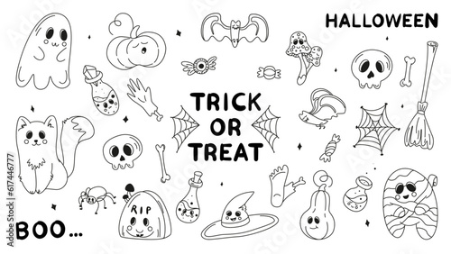 Collection of halloween silhouettes icon and character  set of elements for halloween  doodles set halloween  mystical set  trick or treat  line art illustrations