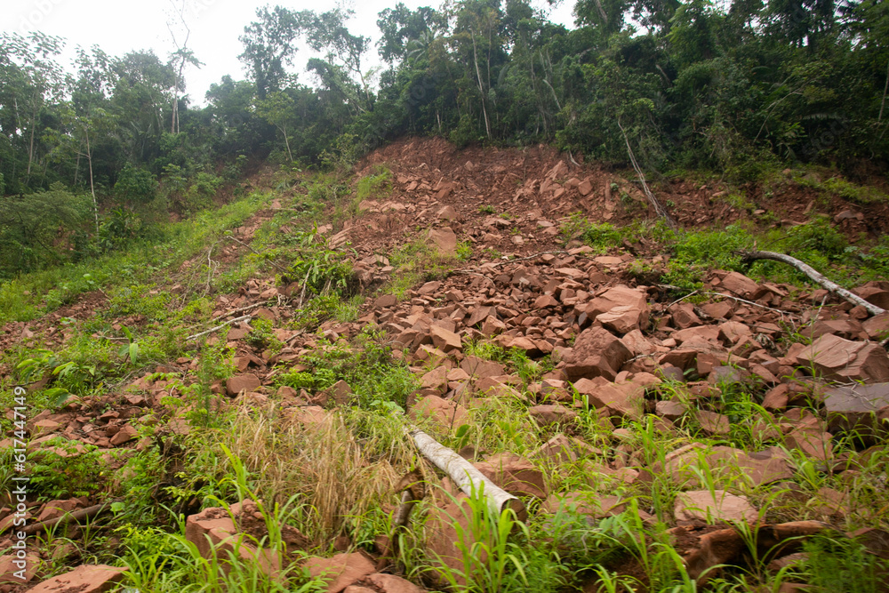 Highway from the City of Tarapoto to the town of Chazuta in the Peruvian jungle. Bad road due to rain.
