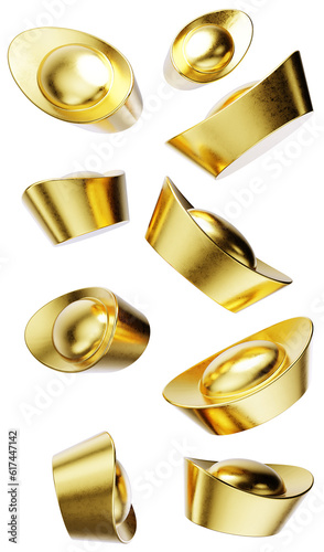 a 3D illustration featuring an isolated group of Yuan Bao, Chinese gold ingot. Yuan Bao is a symbol of wealth and prosperity, especially during the Lunar New Year.