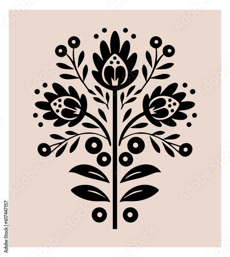 Symmetrical ornament with flowers and leaves, scandinavian folk art poster. Floral silhouette composition. Ethnic botanical vector illustration.