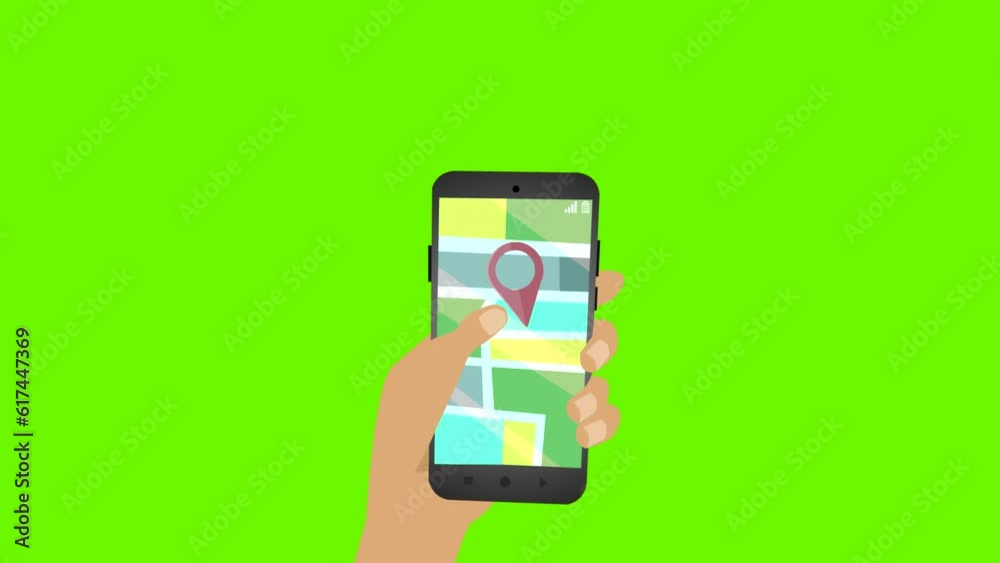 A hand with a mobile phone and a location point, green background, animation. A hand with a mobile phone and a location point, green background, animation.