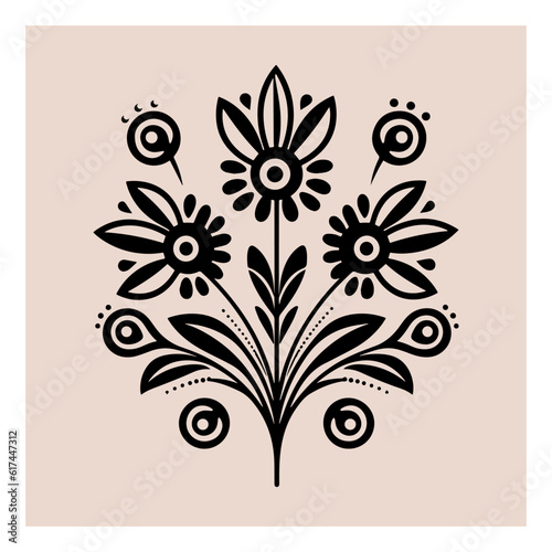 Symmetrical ornament with flowers and leaves, scandinavian folk art poster. Floral silhouette composition. Ethnic botanical vector illustration.