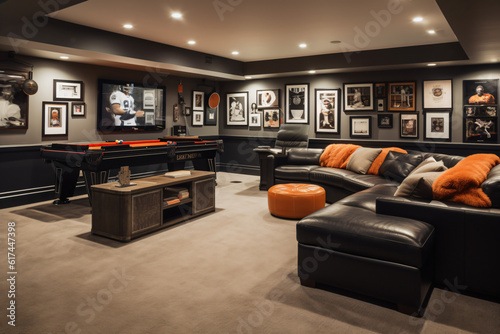 A basement transformation into a modern man cave with leather seating a large screen TV and sports memorabilia.