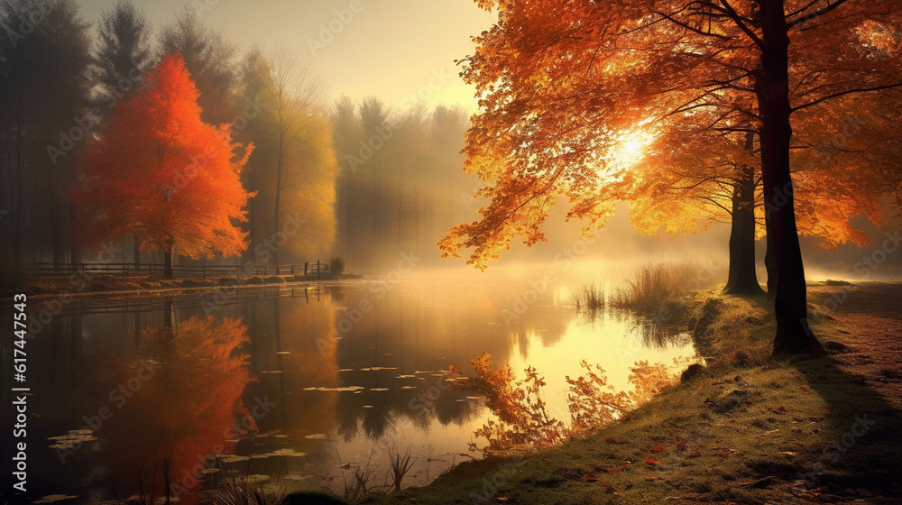 Spectacular autumn sunrise dreamy landscape. AI