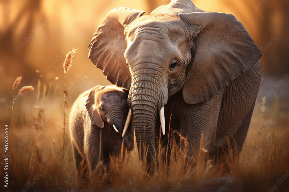 Mother elephant and her calf, tender and heartwarming scene, showcasing the strong bond between parent and offspring