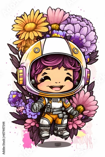 chibi astronaut wearing a flower crown yellow pink and purple flowers marginalia cute and cheerful  photo