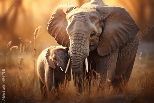 Mother elephant and her calf, tender and heartwarming scene, showcasing the strong bond between parent and offspring © Boraryn