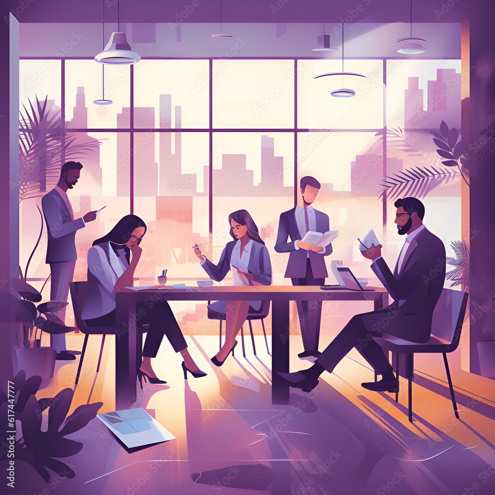 a flat illustration of the business start, with business people preparing for a meeting, in the style of light violet and dark amber, by ai generative