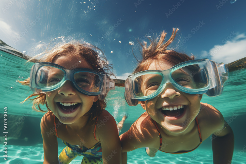 Two young children swimming underwater, wearing swim goggles, sisters enjoying summer fun