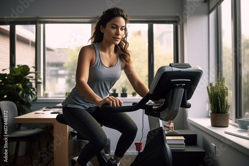Woman on stationary exercise bike, maintaining a healthy lifestyle and improving physical fitness