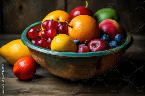 Close-up of a Colorful Fruit Bowl with a Wooden Background