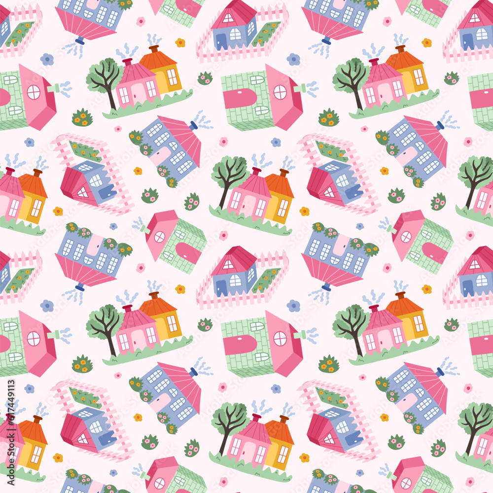 Cute simple seamless pattern with country house in the town. Endless backdrop with scandinavian home can be used for wrapping paper, background, fabric, scrapbook. Hand drawn vector colorful doodle