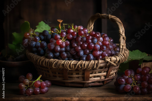 Handmade Basket Full of Grapes on Rustic Wooden Table