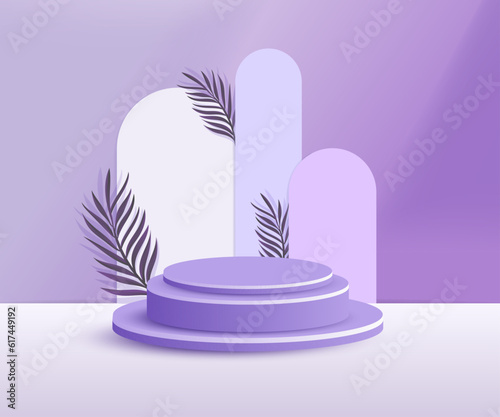 3d product podium and pedestal in purple color with palm leaves. 3d rendering vector background view with podium. To display 3d cosmetic products.