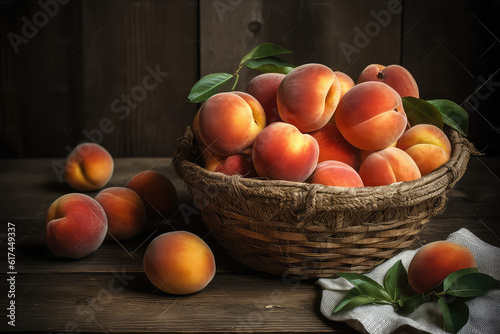 Handmade Basket Full of Peaches on Rustic Wooden Table