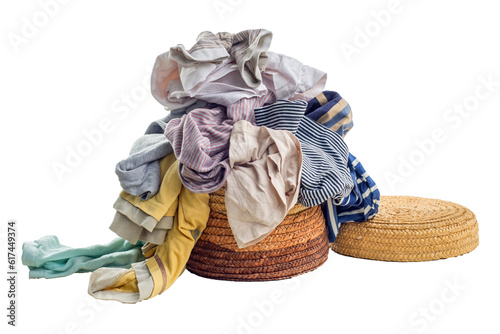 Used clothes in a pile on a laundry basket. Sorting and cleaning second-hand. Preparing for washing