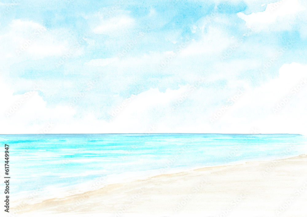 Seascape.Tropical beach. Sea, sand and blue sky, summer vacation concept and background. Hand drawn watercolor illustration Seascape.Tropical beach. Sea, sand and blue sky, summer vacation concept and background. Hand drawn watercolor illustration