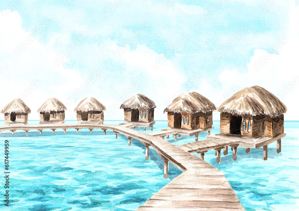 Tropical  huts on the water. Summer vacation concept. Hand drawn watercolor illustration isolated on white background