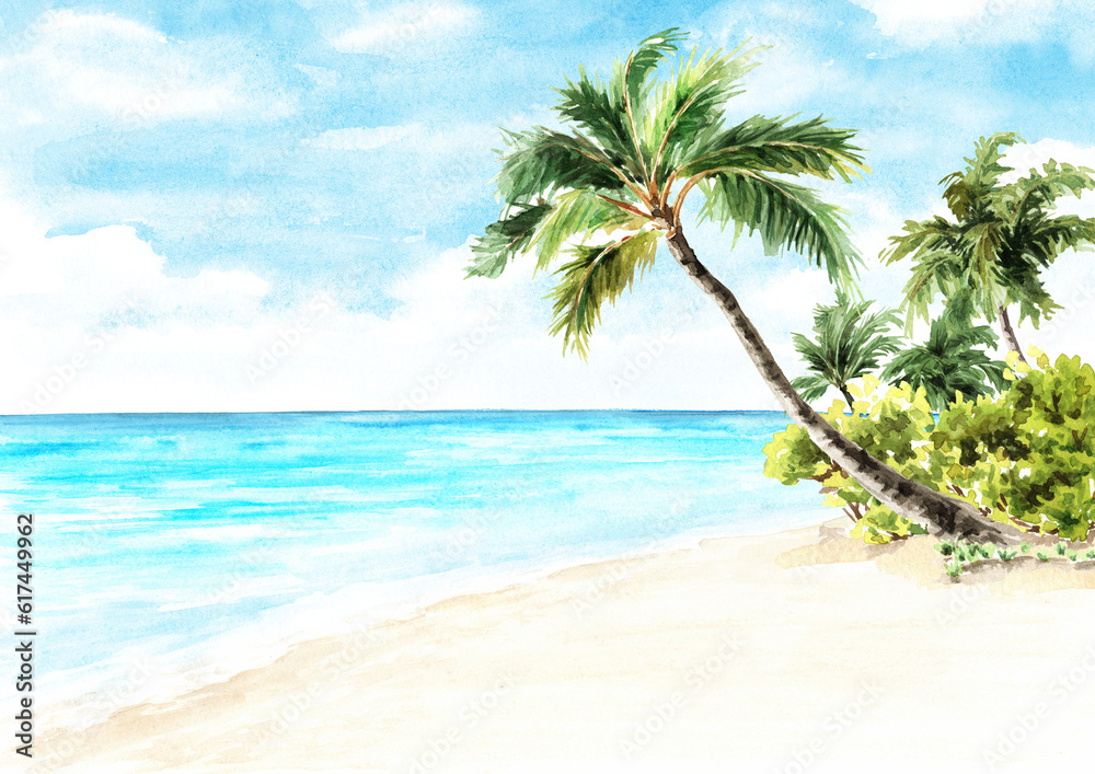 Seascape.Tropical palm beach. Sea, sand and blue sky, summer vacation concept and background. Hand drawn watercolor illustration