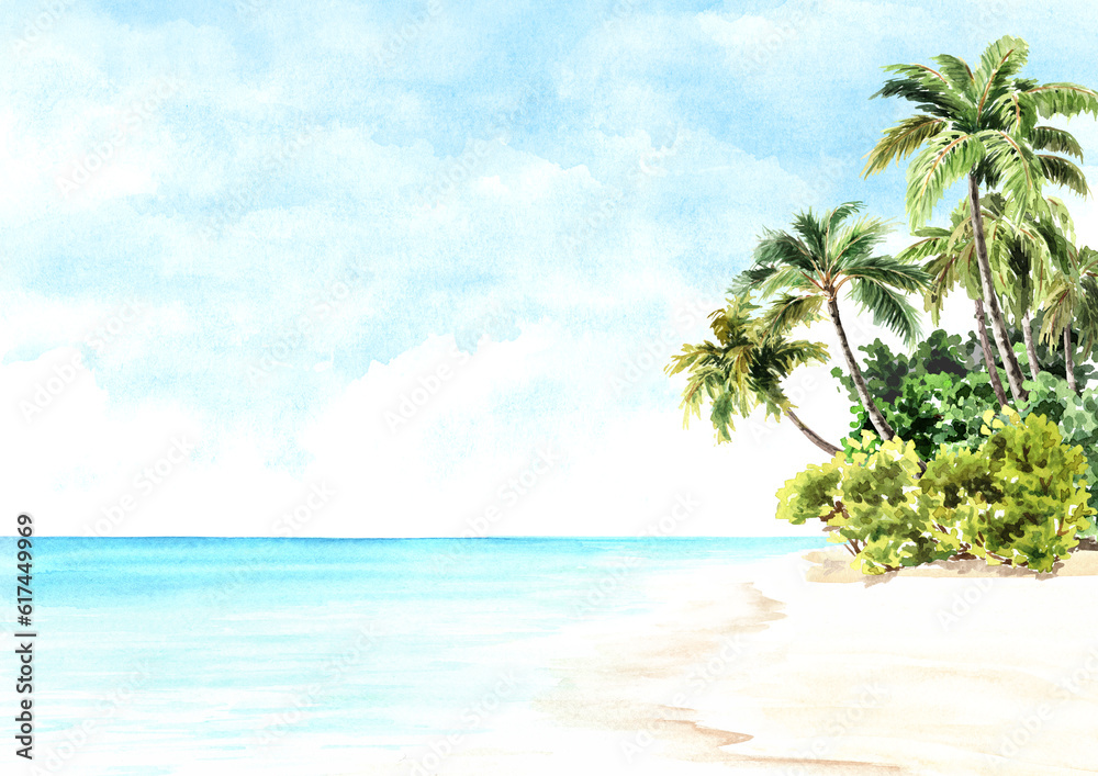 Seascape.Tropical palm beach. Sea, sand and blue sky, summer vacation concept and background. Hand drawn watercolor illustration