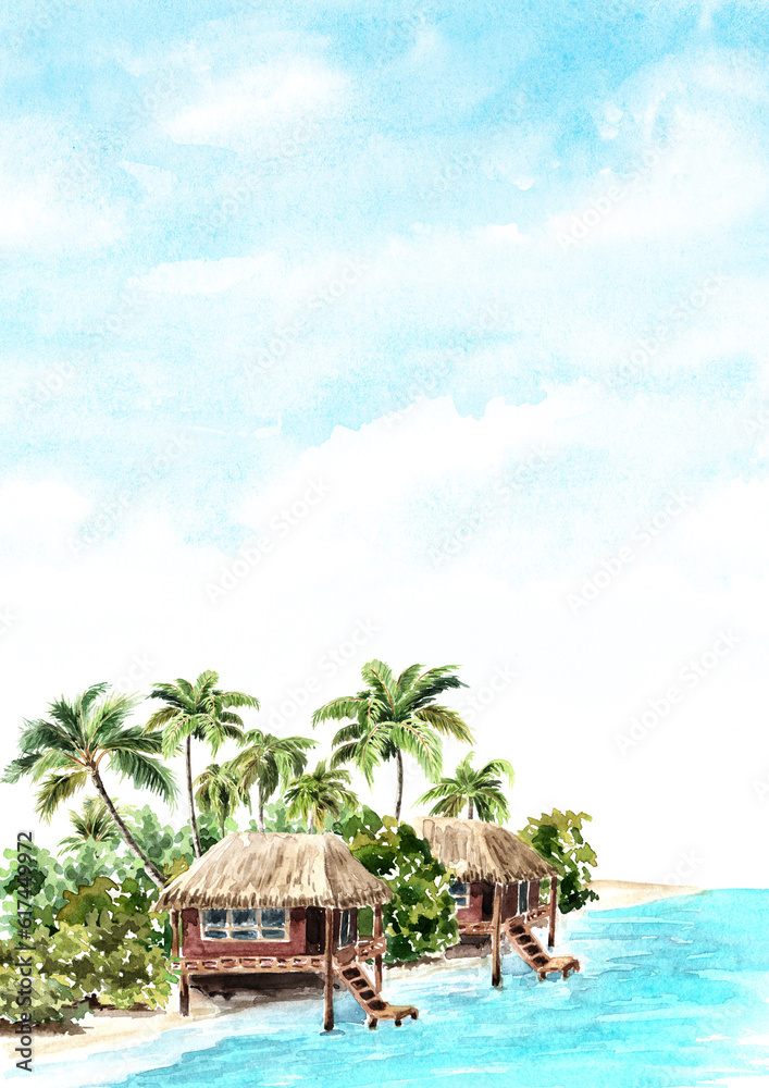 Tropical island template with palm trees and huts on the water. Sea, sand and  blue sky, summer vacation concept and background.  Hand drawn watercolor illustration