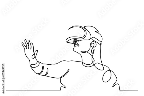 Woman wearing virtual reality glasses device. Metaverse concept. Continuous line. Hand drawn. One line. line art. Logo design. Vector