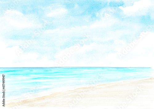 Seascape.Tropical beach. Sea, sand and blue sky, summer vacation concept and background. Hand drawn watercolor illustration