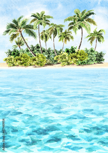 Seascape.Tropical palm beach template. Sea, sand and blue sky, summer vacation concept and background. Hand drawn watercolor illustration