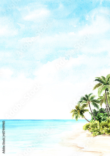 Seascape.Tropical palm beach  Sea  sand and blue sky  summer vacation concept and background. Hand drawn watercolor illustration