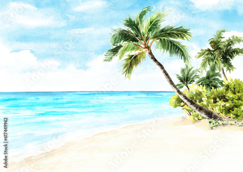 Fototapeta Naklejka Na Ścianę i Meble -  Seascape.Tropical palm beach. Sea, sand and blue sky, summer vacation concept and background. Hand drawn watercolor illustration