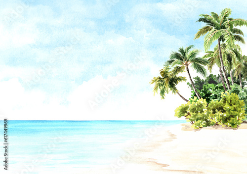 Seascape.Tropical palm beach. Sea  sand and blue sky  summer vacation concept and background. Hand drawn watercolor illustration