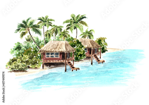 Tropical island with palm trees and huts on the water. Sea, sand and blue sky, summer vacation concept. Hand drawn watercolor illustration isolated on white background