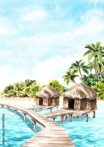 Tropical palm bay and huts on the water. Sea, sand and blue sky, summer vacation concept background. Hand drawn watercolor illustration