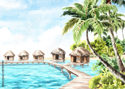 Tropical palm bay and huts on the water. Sea, sand and blue sky, summer vacation concept   background, Hand drawn watercolor illustration © dariaustiugova