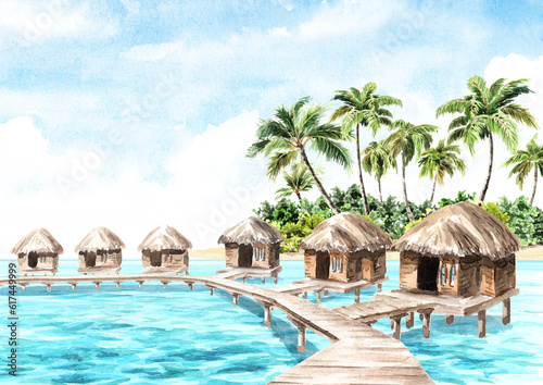 Tropical palm bay and huts on the water. Sea, sand and blue sky, summer vacation concept  background, Hand drawn watercolor illustration © dariaustiugova