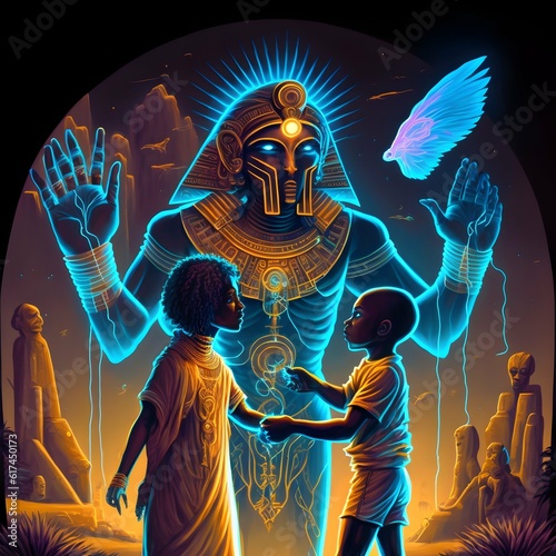 concept art afropunk ancient Kemetian holding hands together in a circle group meditation becoming gods archetypal beings energy beings furturistic tech clothes a new era Nile river neon energy  photo