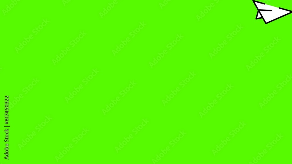 Cartoon white paper plane. The airplane is made of paper isolated on a green background. The plane soars in the sky. Movement from the lower left edge to the upper right corner. 2d flat animation