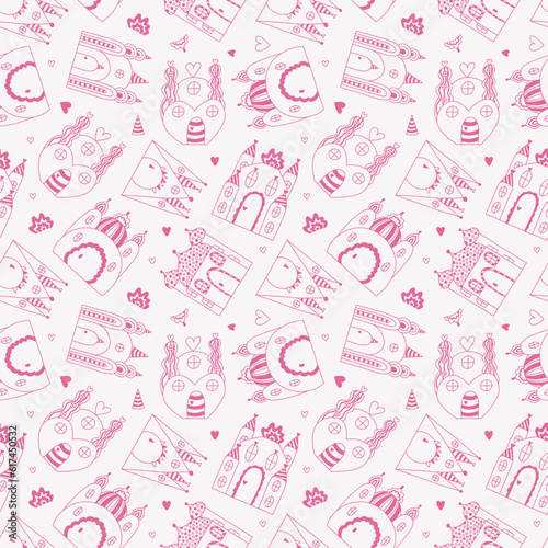 Cute simple seamless pattern with fairy tale castle for princess. Childish endless backdrop with magic house can be used for wrapping paper, background, fabric, scrapbook. Hand drawn colorful doodle