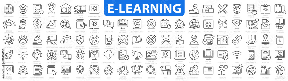 E-learning icon set. Online education icon set. Thin line icons set. Distance learning. Containing video tuition, e-learning, online course, audio course, educational website. Vector illustration
