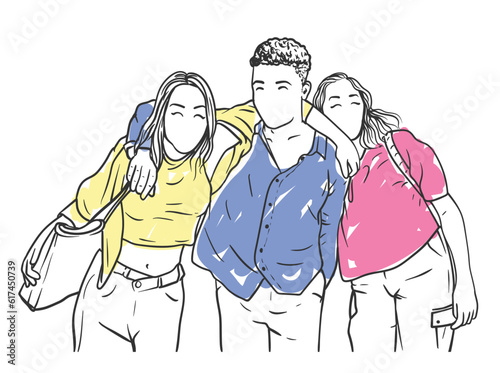 Two female and a male friends laughing together, reunion, enjoying vector background