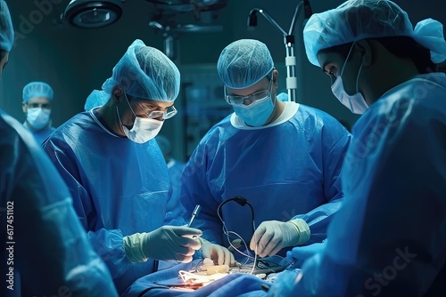 Group of surgeons in operation room take with art lighting and blue filter