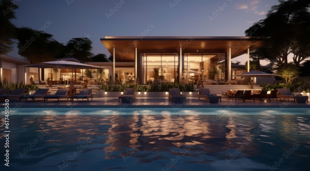 A clean pool surrounded by a stylish outdoor entertainment area, complete with a barbecue, comfortable seating, evoking a sense of luxury and sophistication. Generative Ai