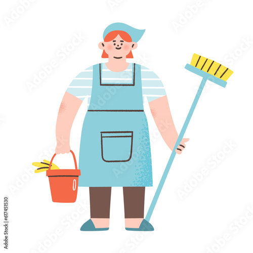 Vector illustration of a woman ready to do household chores. Housewife in an apron holding a bucket and a broom. Cleaning lady doing housework.