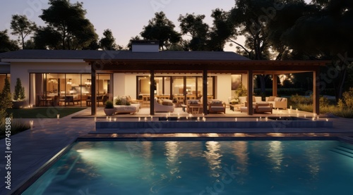 A clean pool surrounded by a stylish outdoor entertainment area, complete with a barbecue, comfortable seating, evoking a sense of luxury and sophistication. Generative Ai