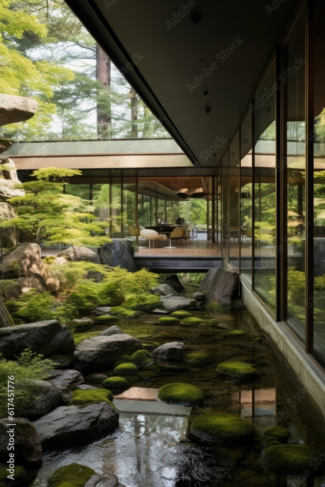 Modern house with Japanese garden. Gen AI	
