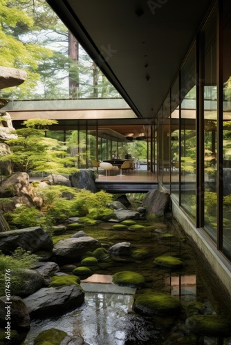 Modern house with Japanese garden. Gen AI   © Sparrowski