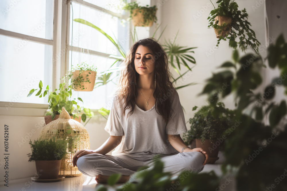A woman in a minimalist interior is meditating. Yoga and rest. Vintage interior green plants. Mindfulness and mental health. Generative AI A woman in a minimalist interior is meditating. Yoga and rest. Vintage interior green plants. Mindfulness and mental health. Generative AI