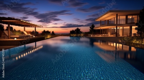 An enchanting image of a clean pool illuminated by soft lighting, with reflections dancing on the water's surface, creating a tranquil and inviting atmosphere for evening relaxation. Generative AI